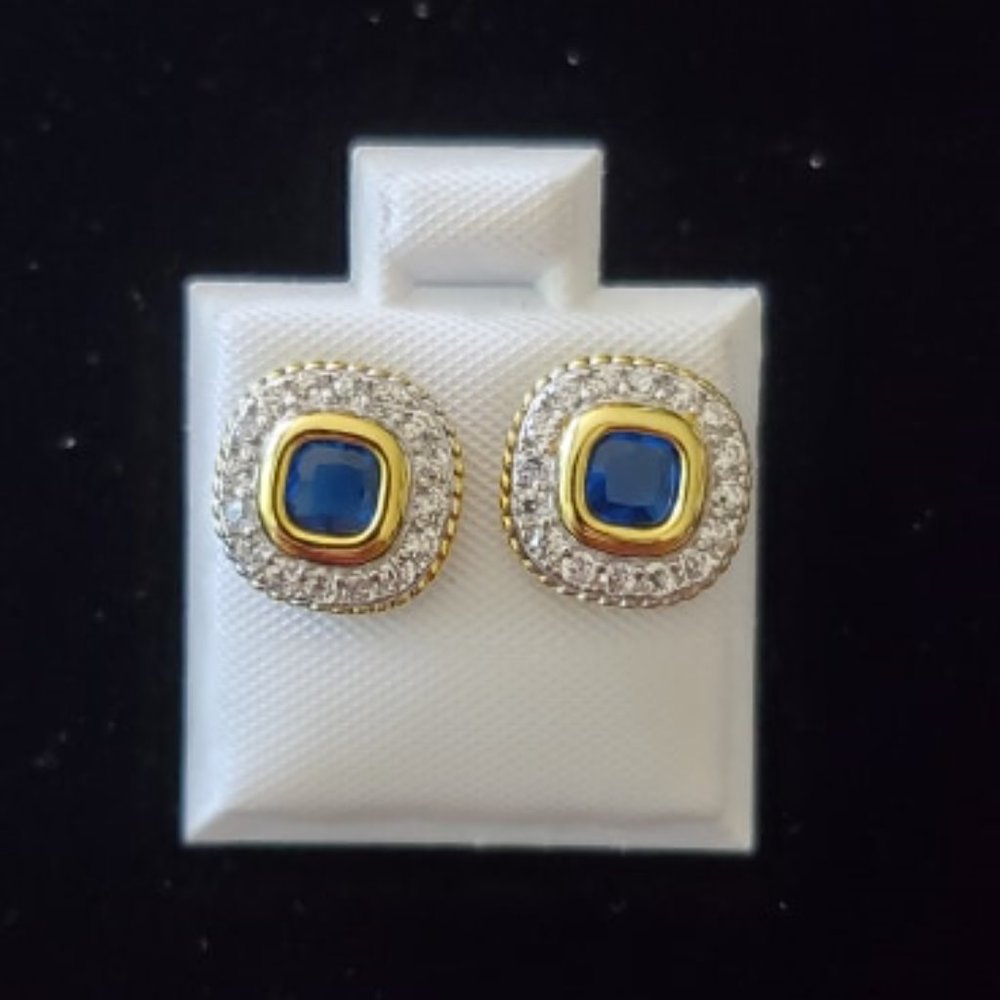 925 SILVER BLUE CZ SQUARED STUDS EARRINGS - Picture 2 of 4